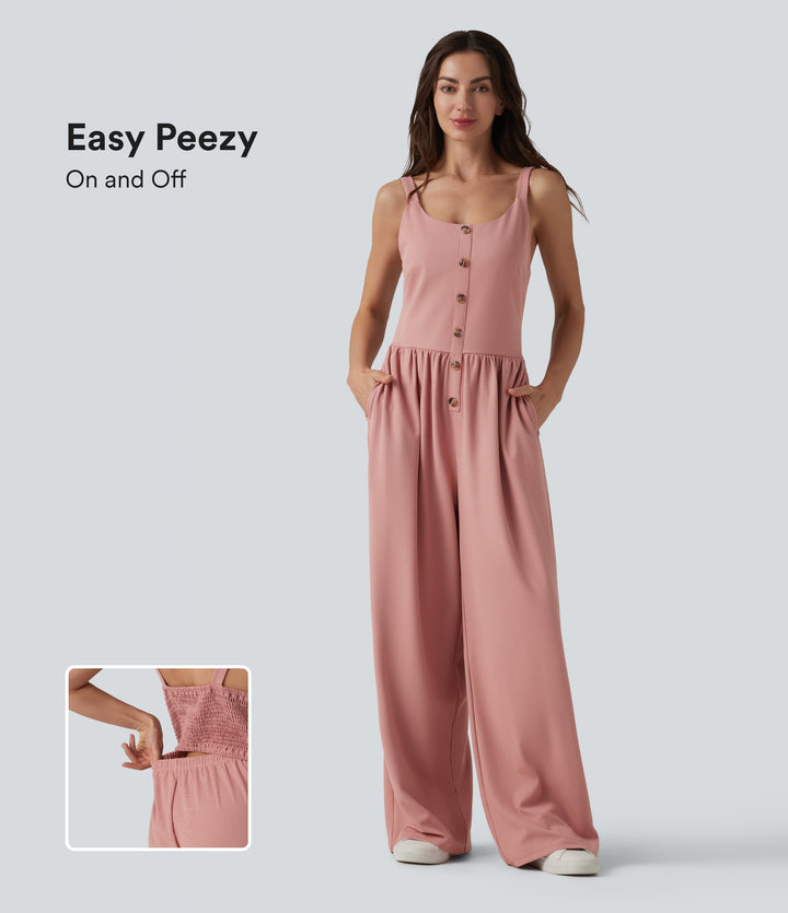 U-Neck Sleeveless Shirred Decorative Buttons Waffle Casual Wide Leg Jumpsuit with Pockets — Rose Tan — view 1