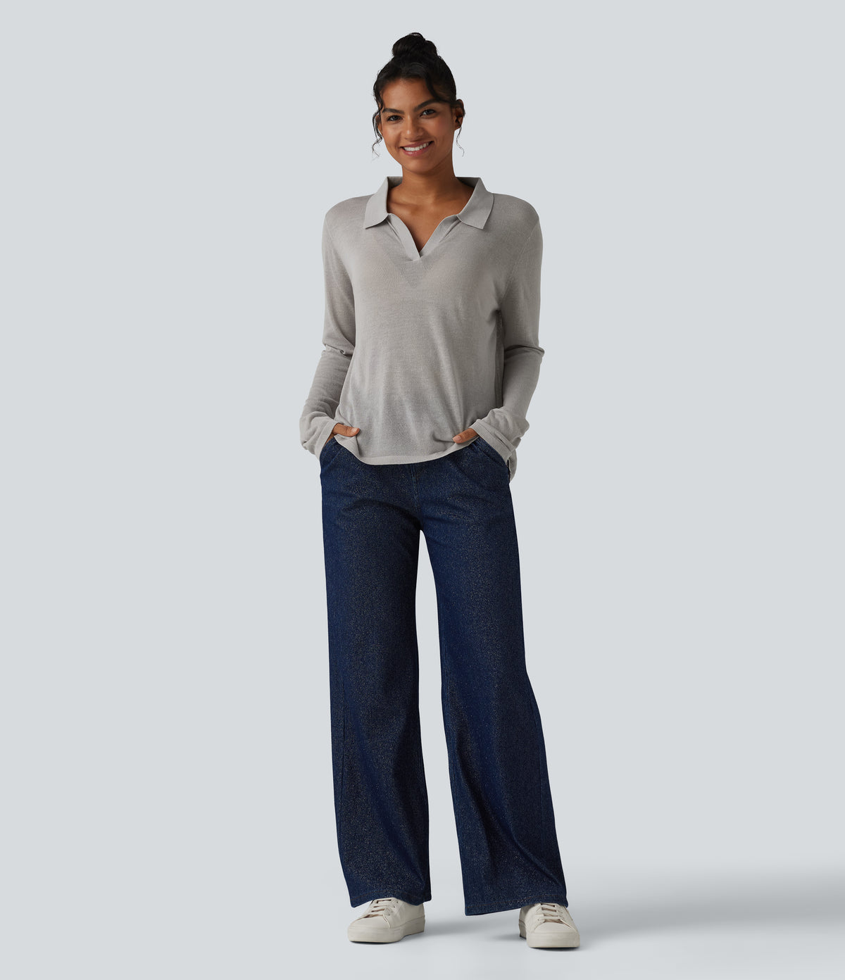 Polo Neck Long Sleeve Lyocell Linen Casual Jumper — Inscrutable — view 5