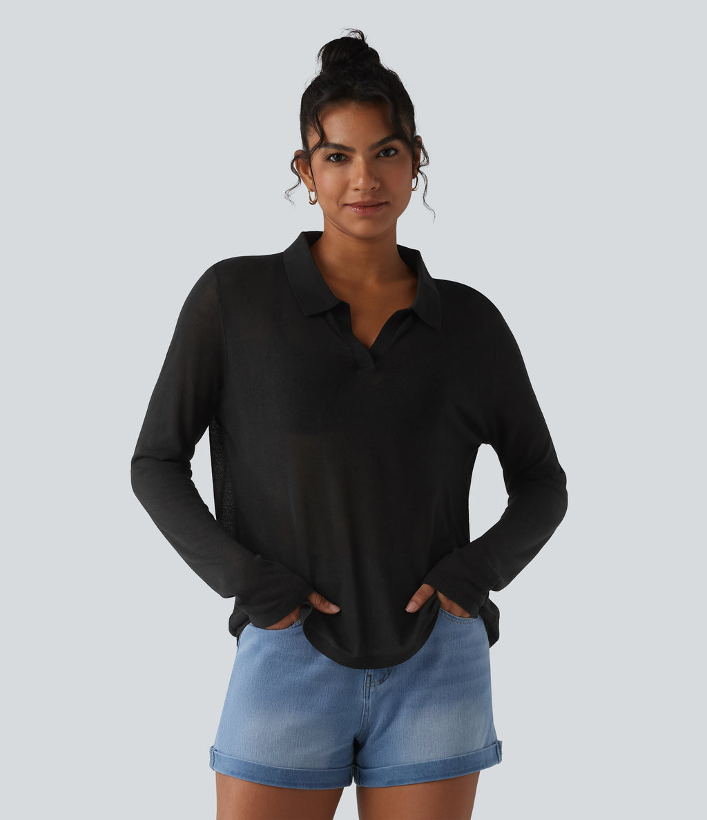 Polo Neck Long Sleeve Lyocell Linen Casual Jumper — Black — view 6