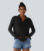 Polo Neck Long Sleeve Lyocell Linen Casual Jumper — Black — view 6