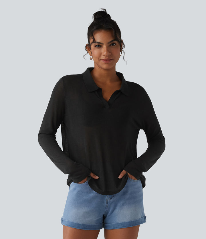 Polo Neck Long Sleeve Lyocell Linen Casual Jumper — Black — view 6