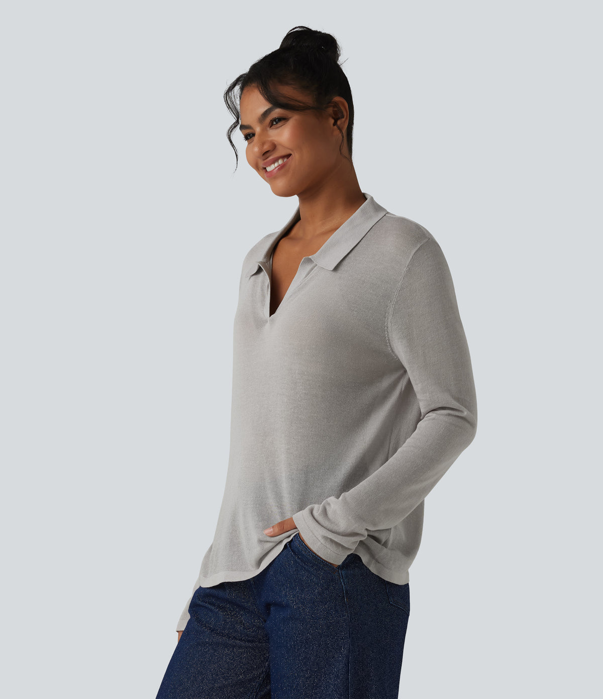 Polo Neck Long Sleeve Lyocell Linen Casual Jumper — Inscrutable — view 3