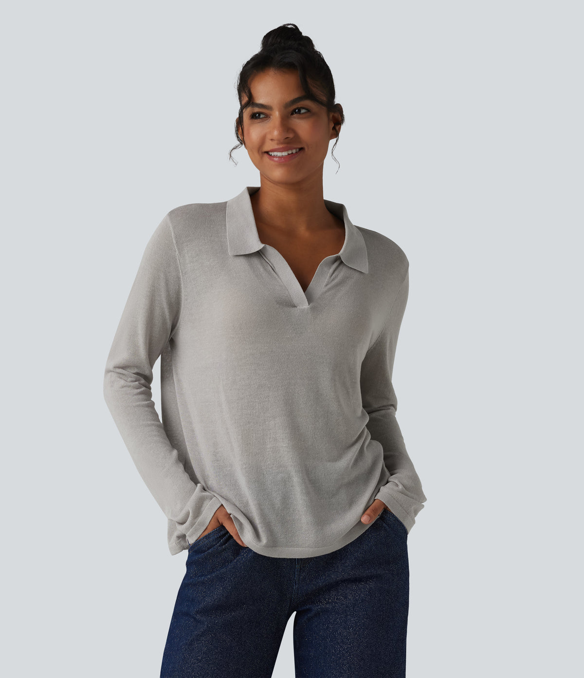 Polo Neck Long Sleeve Lyocell Linen Casual Jumper — Inscrutable — view 1