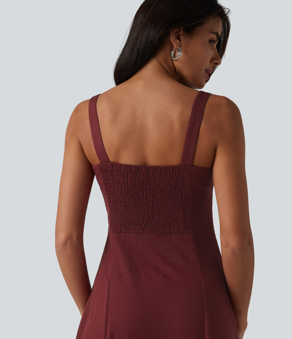 Square Neck Notched Shirred Midi Flowy Bridesmaid And Wedding Guest Dress — Wine Red — view 6
