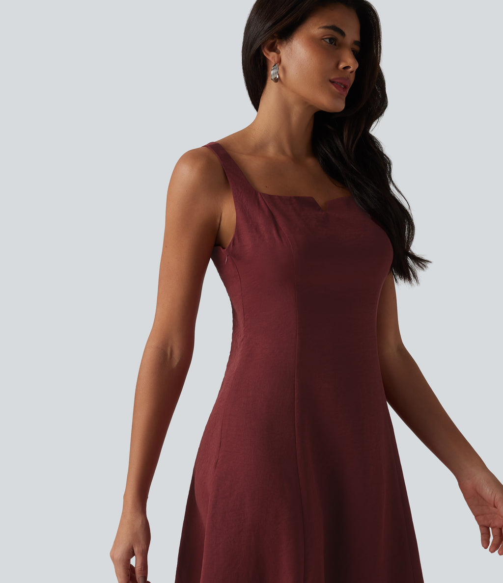 Square Neck Notched Shirred Midi Flowy Bridesmaid And Wedding Guest Dress — Wine Red — view 5