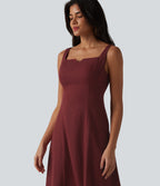 Square Neck Notched Shirred Midi Flowy Bridesmaid And Wedding Guest Dress — Wine Red — view 4