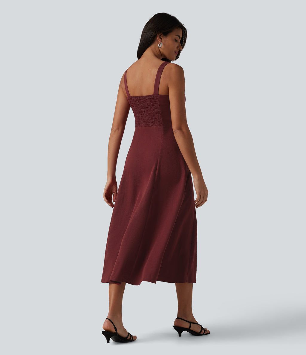 Square Neck Notched Shirred Midi Flowy Bridesmaid And Wedding Guest Dress — Wine Red — view 2