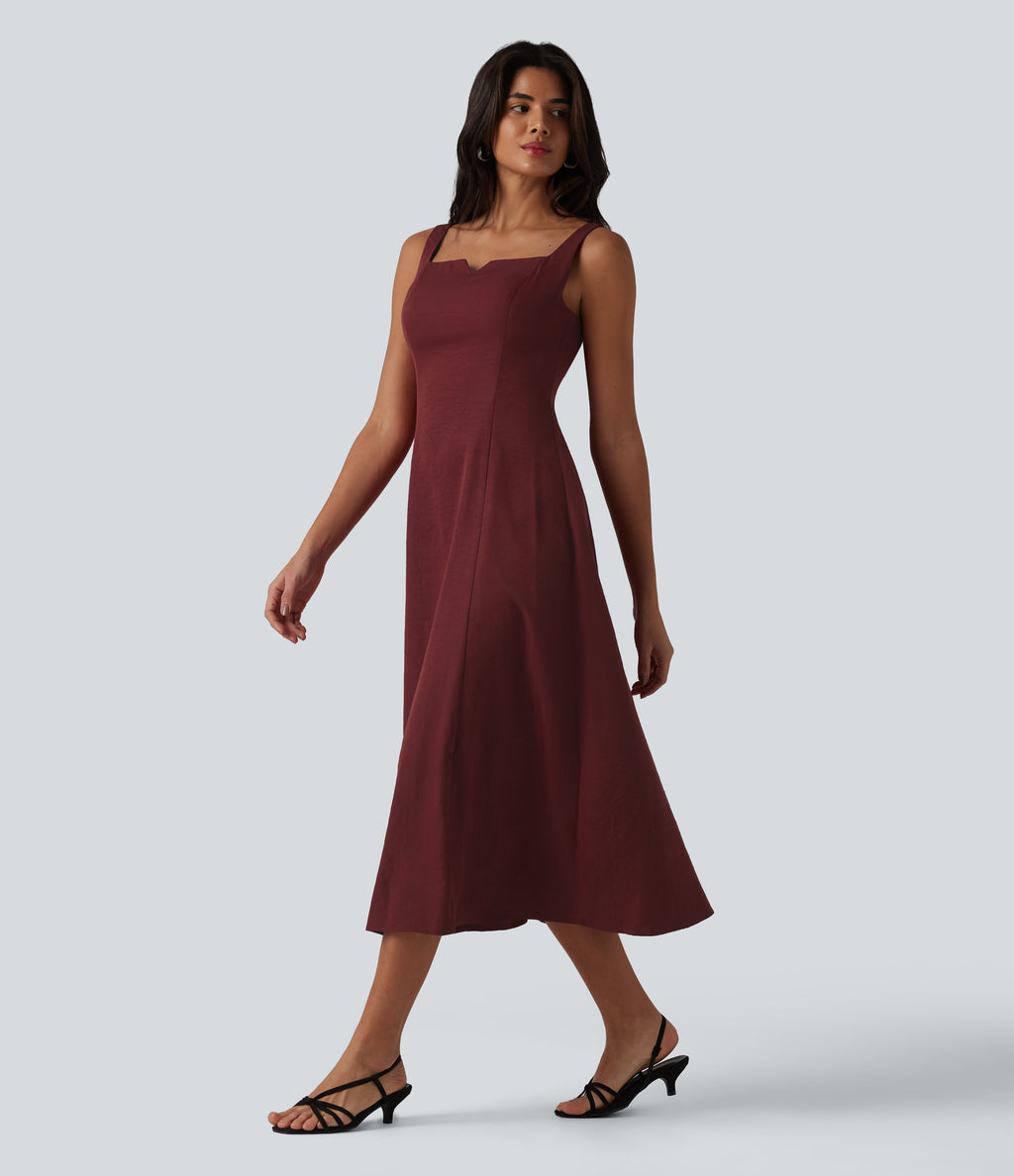 Square Neck Notched Shirred Midi Flowy Bridesmaid And Wedding Guest Dress — Wine Red — view 1