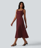 Square Neck Notched Shirred Midi Flowy Bridesmaid And Wedding Guest Dress — Wine Red — view 1