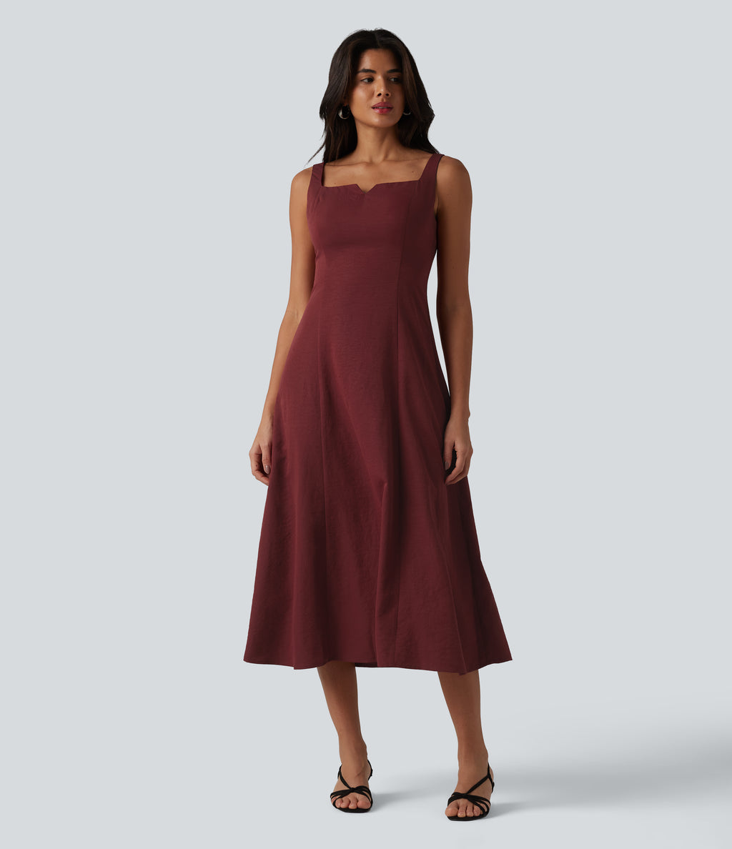 Square Neck Notched Shirred Midi Flowy Bridesmaid And Wedding Guest Dress — Wine Red — view 3