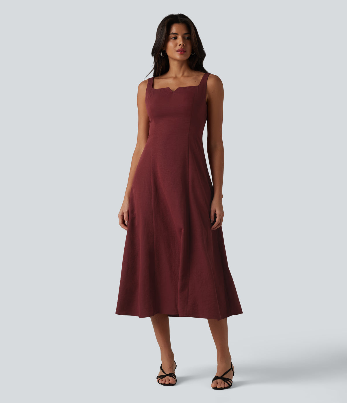 Square Neck Notched Shirred Midi Flowy Bridesmaid And Wedding Guest Dress — Wine Red — view 3