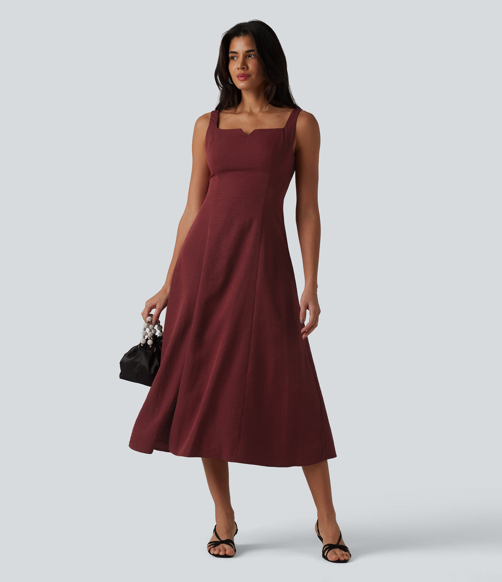 Square Neck Notched Shirred Midi Flowy Bridesmaid And Wedding Guest Dress — Wine Red — view 7