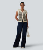 V-neck Button Fly Stripes Casual Jumper Vest — White Black Horizontal Stripe — view 5
