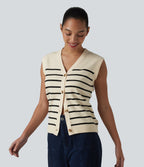V-neck Button Fly Stripes Casual Jumper Vest — White Black Horizontal Stripe — view 1