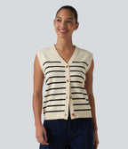 V-neck Button Fly Stripes Casual Jumper Vest — White Black Horizontal Stripe — view 3