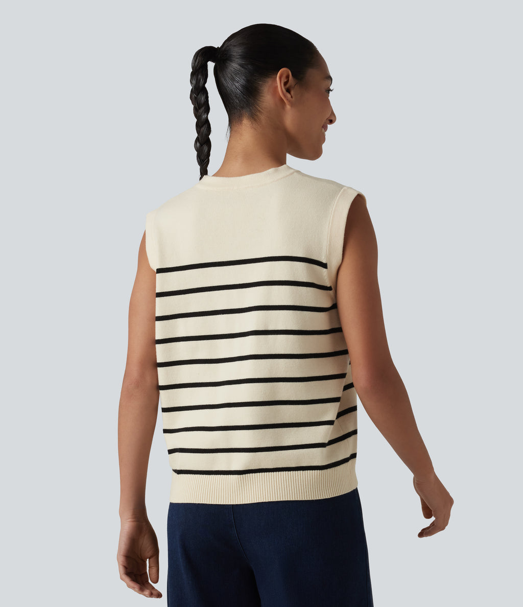 V-neck Button Fly Stripes Casual Jumper Vest — White Black Horizontal Stripe — view 2