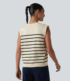 V-neck Button Fly Stripes Casual Jumper Vest — White Black Horizontal Stripe — view 2