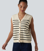 V-neck Button Fly Stripes Casual Jumper Vest — White Black Horizontal Stripe — view 4