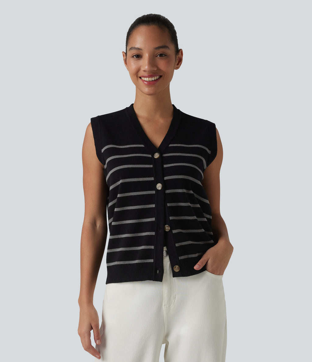 V-neck Button Fly Stripes Casual Jumper Vest — Nightfall Stripe — view 6