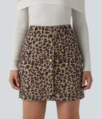 High Waisted 2-in-1 Leopard Print Mini Casual Skirt with Pocket-Longer Length — Black Coffee Leopard Print — view 2