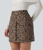 High Waisted 2-in-1 Leopard Print Mini Casual Skirt with Pocket-Longer Length — Black Coffee Leopard Print — view 5