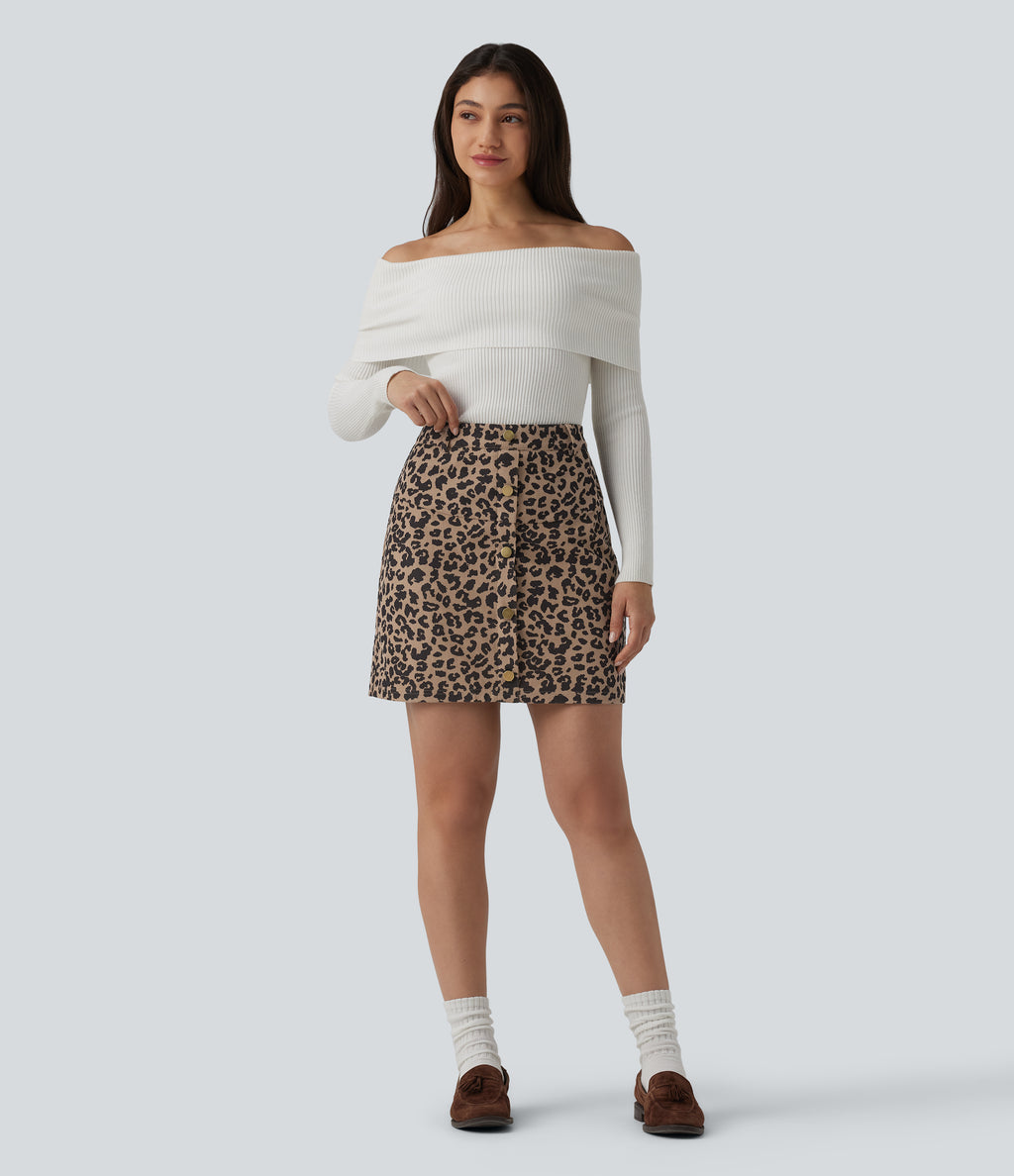 High Waisted 2-in-1 Leopard Print Mini Casual Skirt with Pocket-Longer Length — Black Coffee Leopard Print — view 7