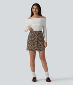 High Waisted 2-in-1 Leopard Print Mini Casual Skirt with Pocket-Longer Length — Black Coffee Leopard Print — view 7