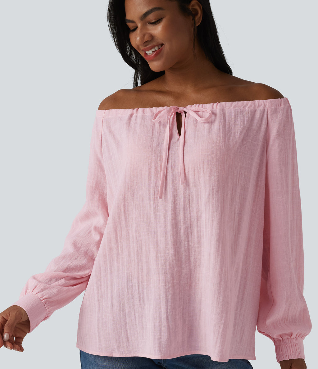 Off-shoulder Tie Long Sleeve Linen-Feel Oversized Casual Blouse — Pale Lilac — view 4