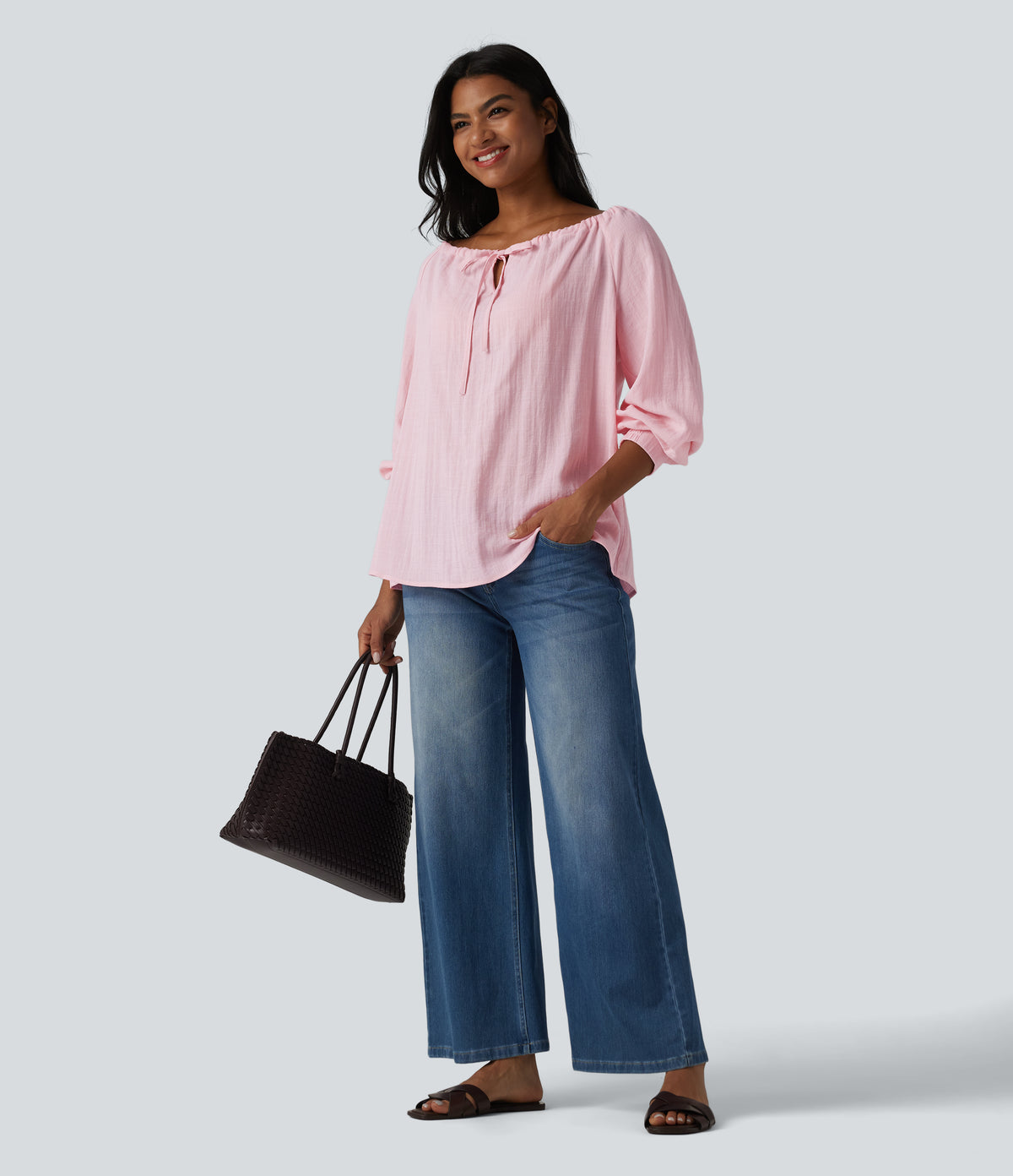 Off-shoulder Tie Long Sleeve Linen-Feel Oversized Casual Blouse — Pale Lilac — view 6