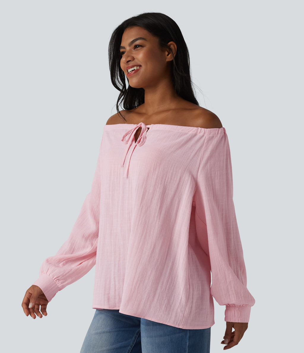 Off-shoulder Tie Long Sleeve Linen-Feel Oversized Casual Blouse — Pale Lilac — view 1