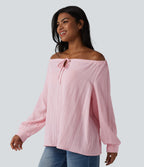 Off-shoulder Tie Long Sleeve Linen-Feel Oversized Casual Blouse — Pale Lilac — view 1