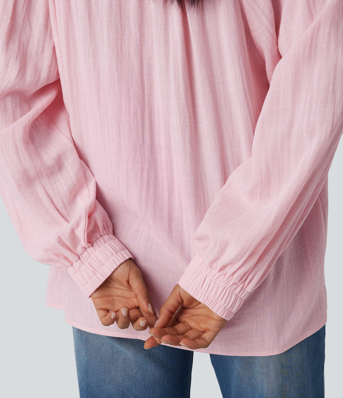 Off-shoulder Tie Long Sleeve Linen-Feel Oversized Casual Blouse — Pale Lilac — view 5