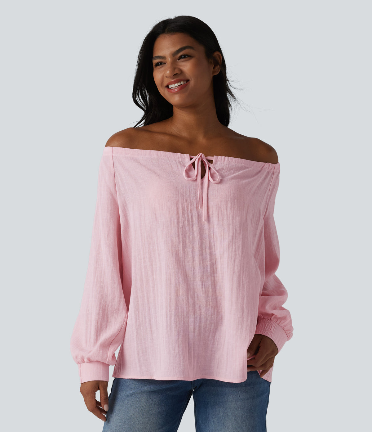 Off-shoulder Tie Long Sleeve Linen-Feel Oversized Casual Blouse — Pale Lilac — view 3