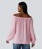 Off-shoulder Tie Long Sleeve Linen-Feel Oversized Casual Blouse — Pale Lilac — view 2