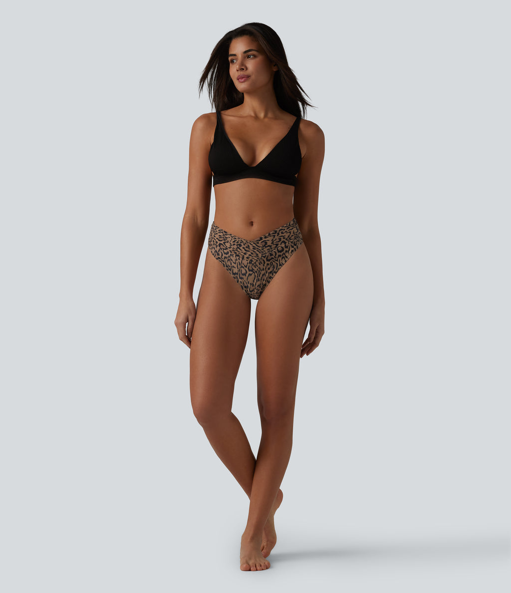 Crossover High Waisted Leopard Print Bikini Bottom Swimsuit — Beige and Brown Leopard — view 5