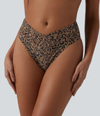 Crossover High Waisted Leopard Print Bikini Bottom Swimsuit — Beige and Brown Leopard — view 4