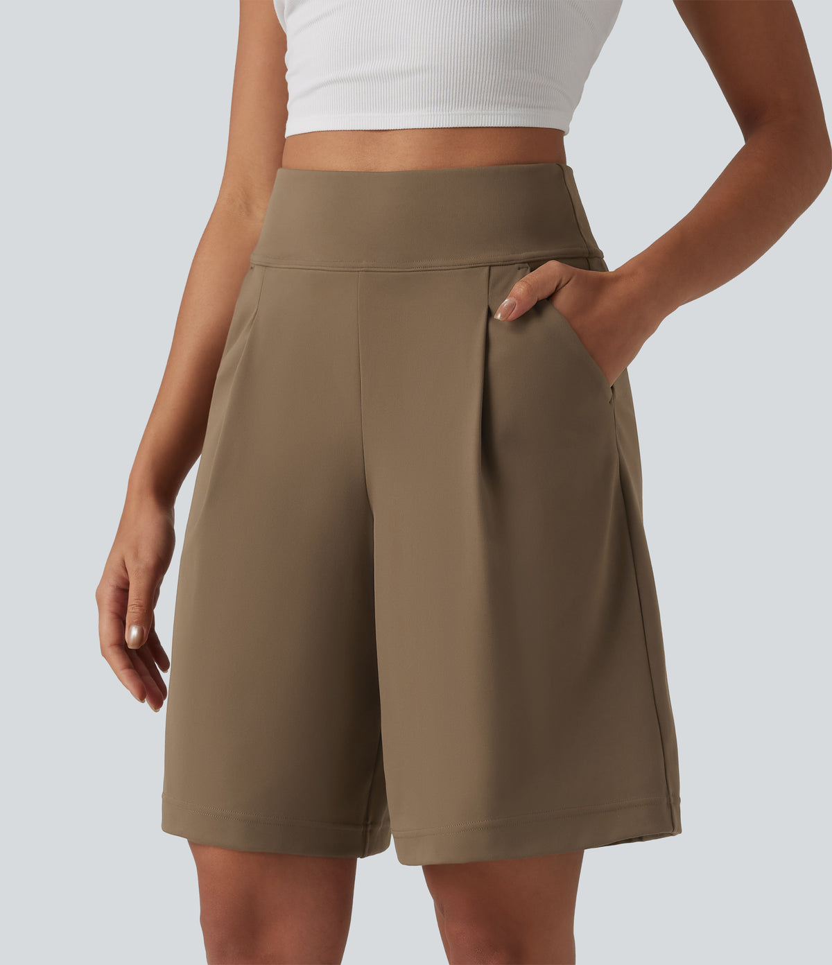 High Waisted Pleated Work Bermuda Shorts 10'' with Pockets — Sepia — view 4