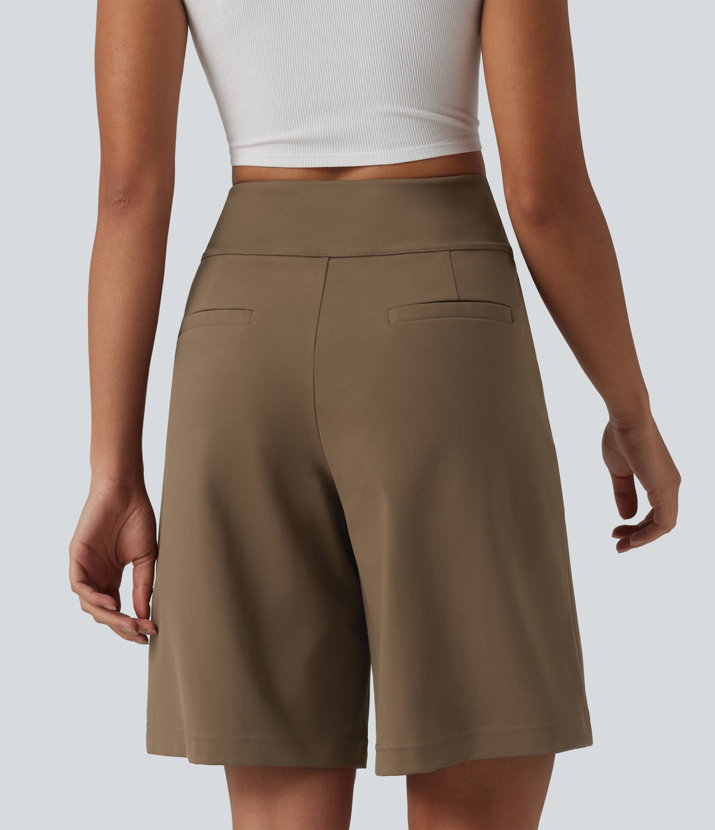 High Waisted Pleated Work Bermuda Shorts 10'' with Pockets — Sepia — view 3