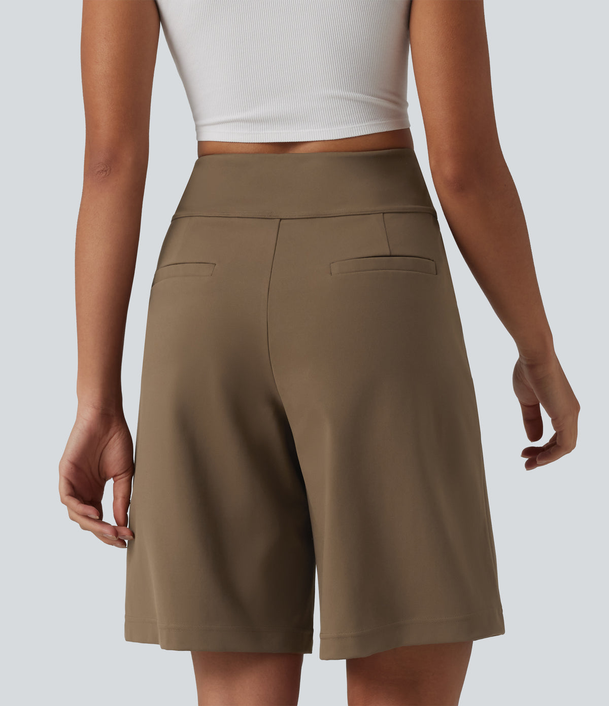 High Waisted Pleated Work Bermuda Shorts 10'' with Pockets — Sepia — view 3