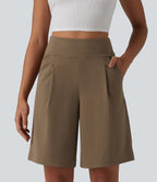 High Waisted Pleated Work Bermuda Shorts 10'' with Pockets — Sepia — view 1