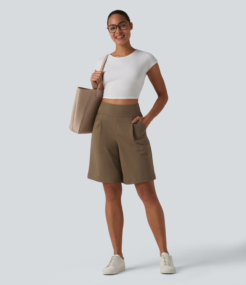 High Waisted Pleated Work Bermuda Shorts 10'' with Pockets — Sepia — view 7