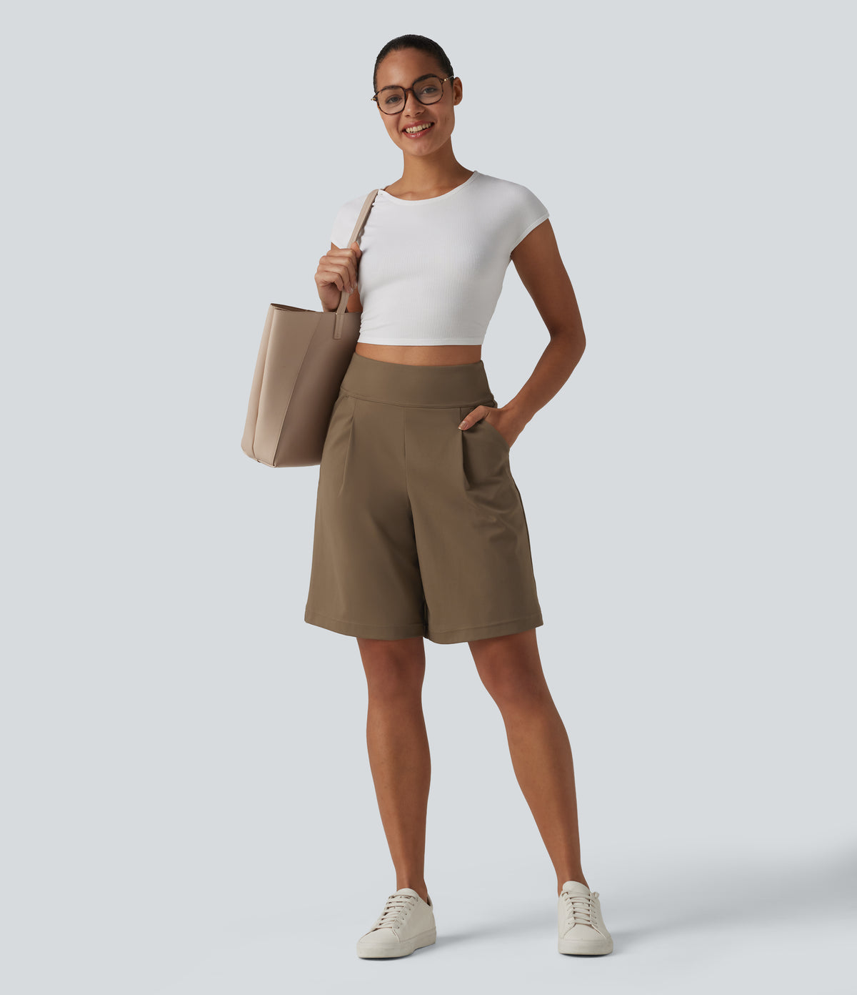 High Waisted Pleated Work Bermuda Shorts 10'' with Pockets — Sepia — view 7