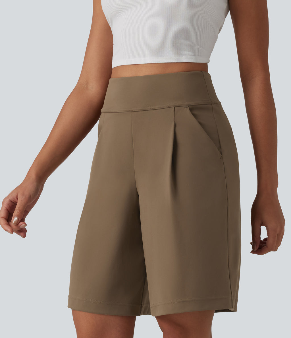 High Waisted Pleated Work Bermuda Shorts 10'' with Pockets — Sepia — view 5