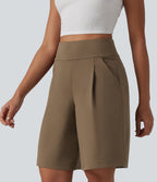 High Waisted Pleated Work Bermuda Shorts 10'' with Pockets — Sepia — view 5