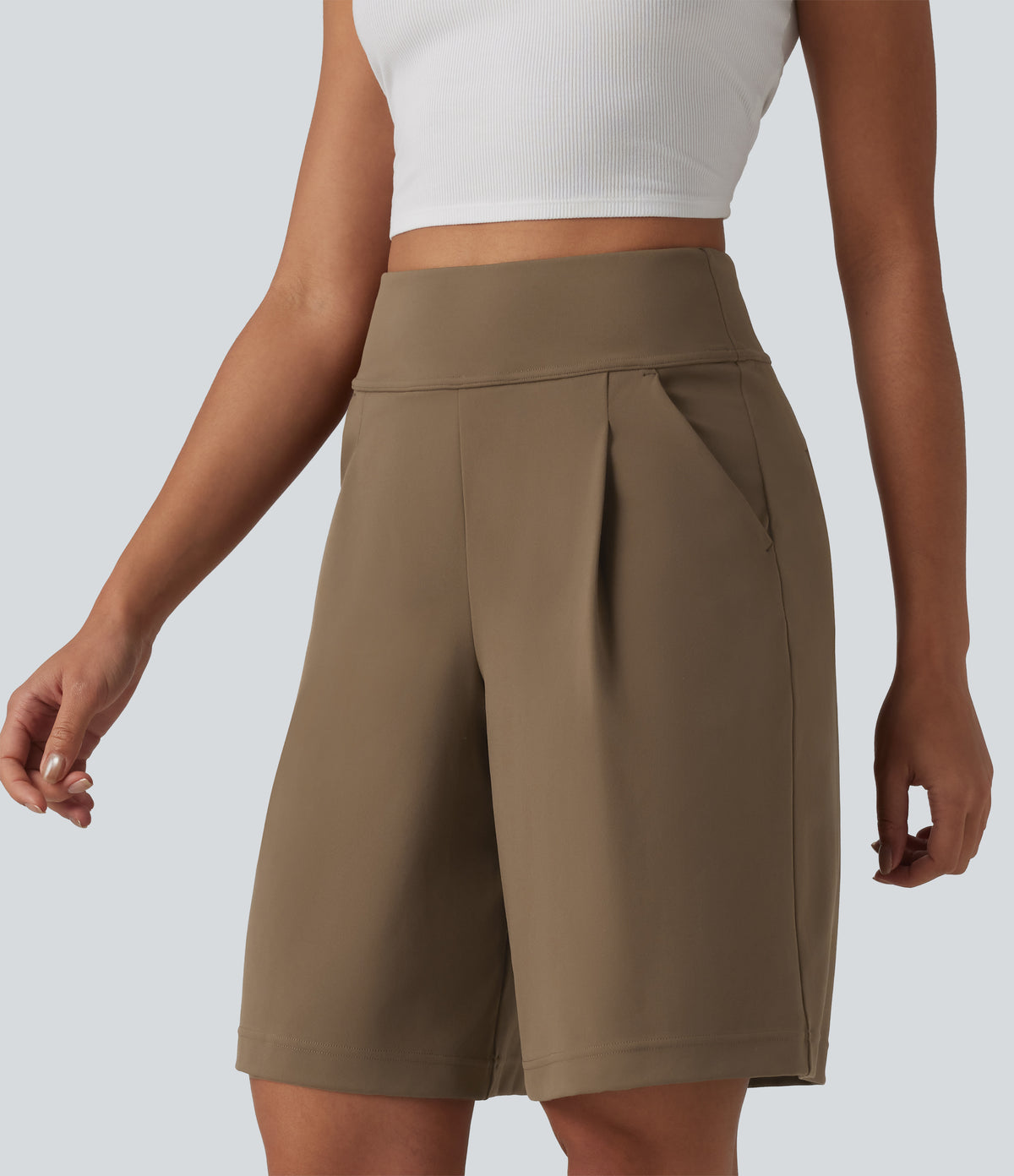 High Waisted Pleated Work Bermuda Shorts 10'' with Pockets — Sepia — view 5