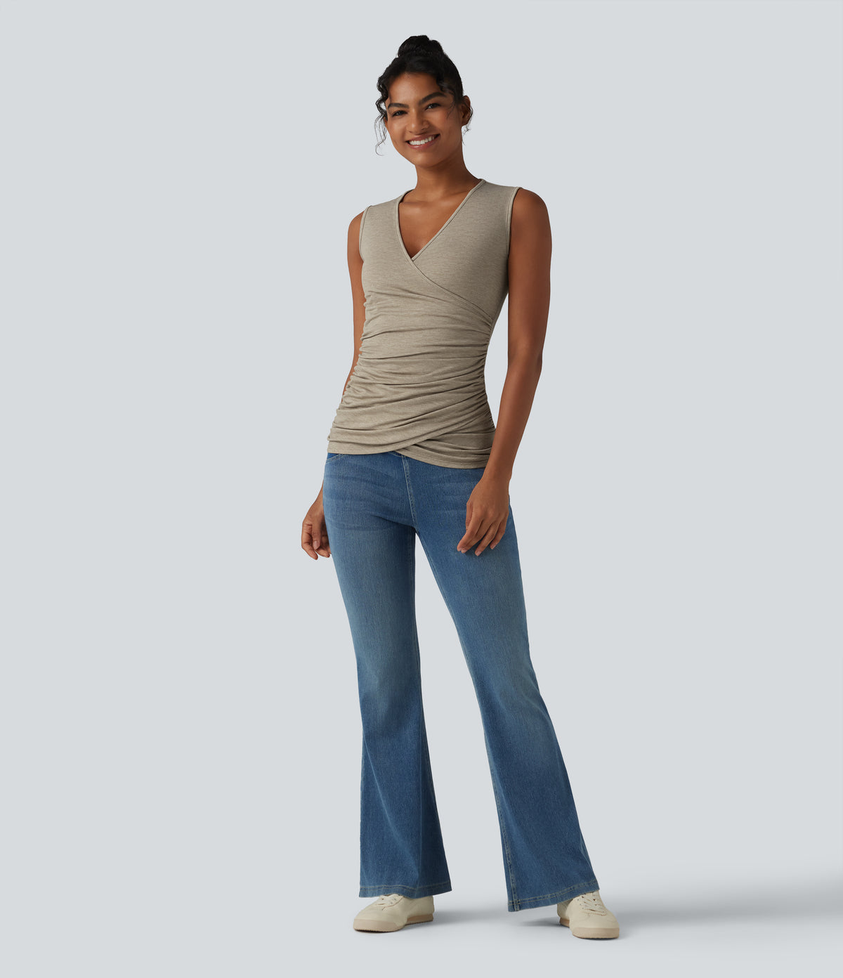 V Neck Crossvoer Ruched Casual Tank Top — Khaki Floral Yarn — view 6