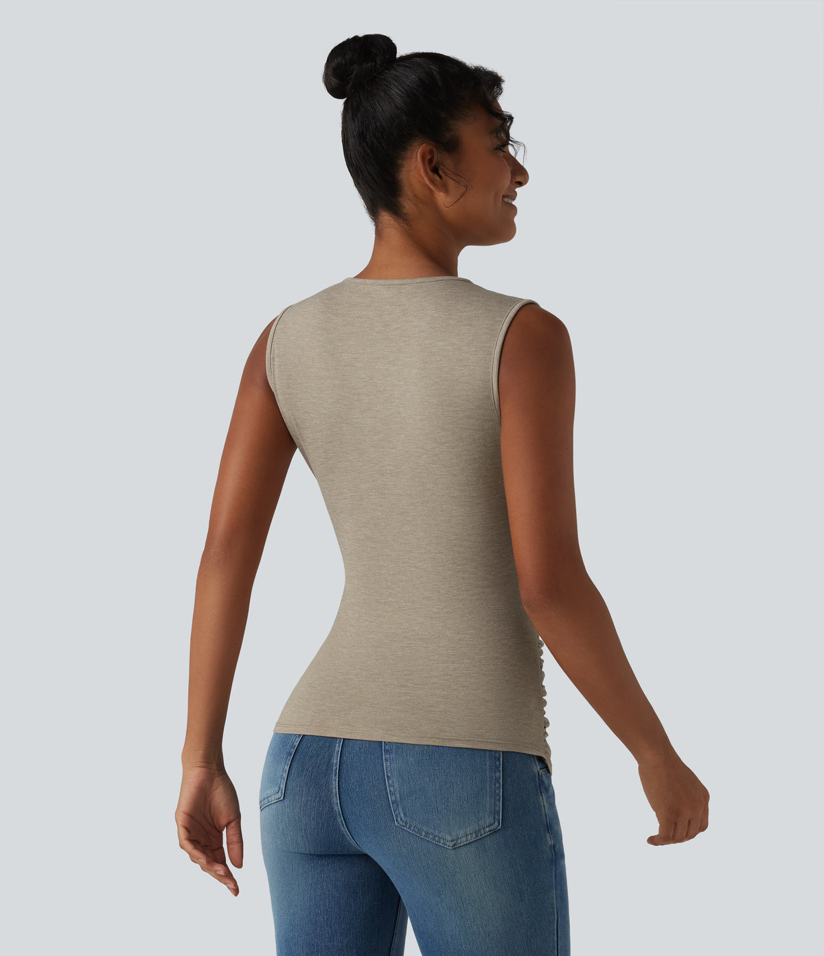 V Neck Crossvoer Ruched Casual Tank Top — Khaki Floral Yarn — view 2