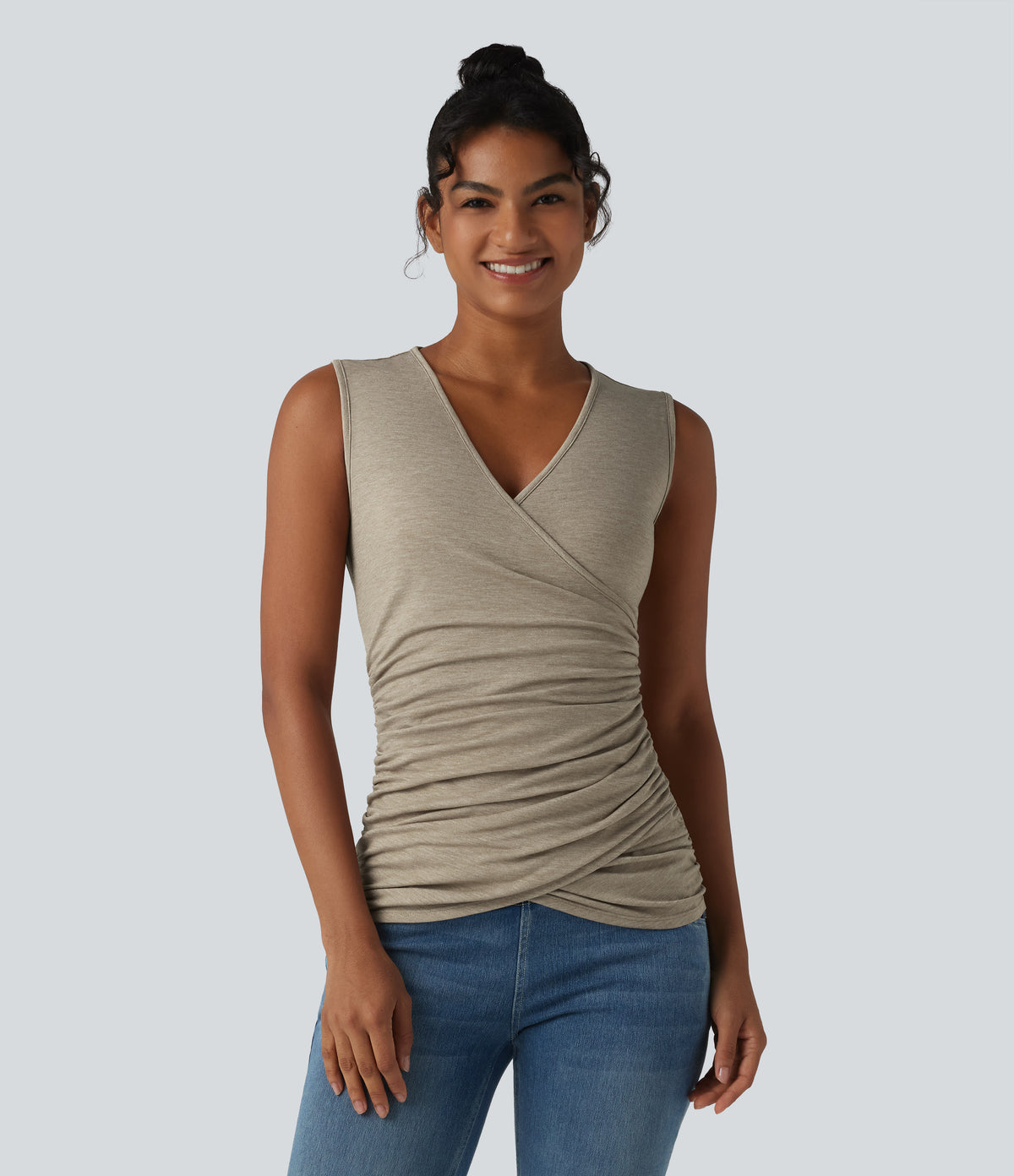 V Neck Crossvoer Ruched Casual Tank Top — Khaki Floral Yarn — view 1