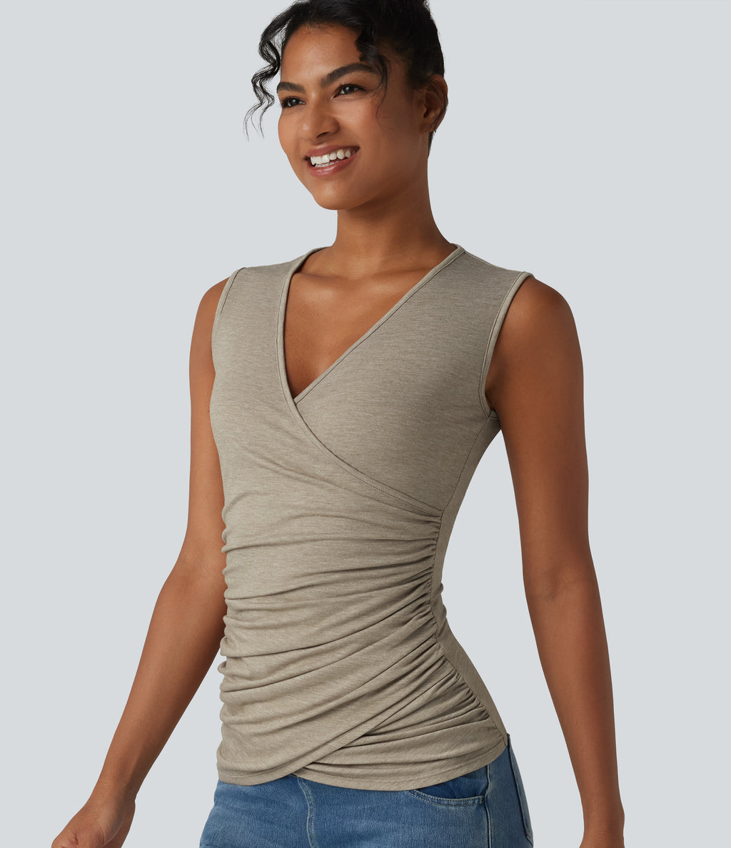 V Neck Crossvoer Ruched Casual Tank Top — Khaki Floral Yarn — view 4