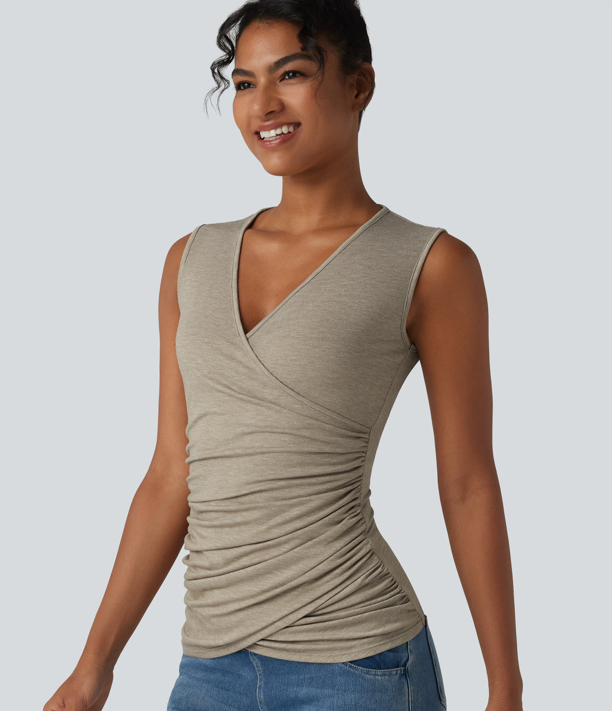 V Neck Crossvoer Ruched Casual Tank Top — Khaki Floral Yarn — view 4